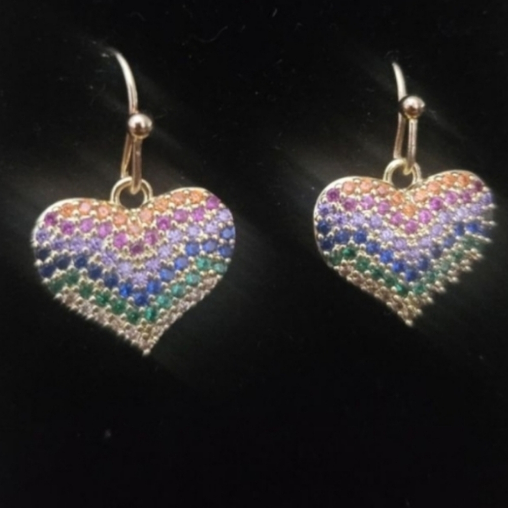 Elegant Multicolor Heart Earrings with Gold Accents - Picture 2 of 2